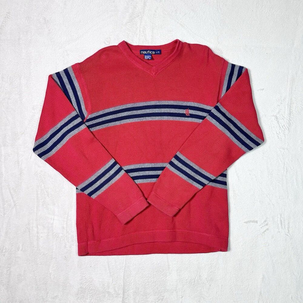 Vintage Nautica Jeans Sweater Sz L Red Striped Skater Grunge 90s Y2K